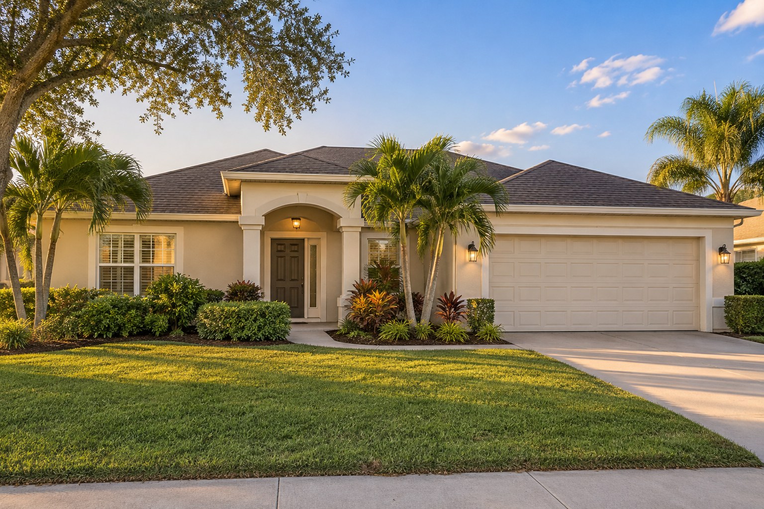 A Florida home with palms and warm evening light on a quiet Space Coast street, illustrative
