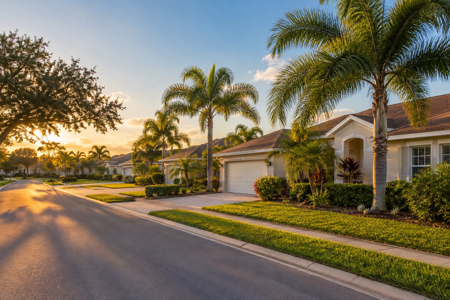 A tree lined Cocoa street at sunset, illustrative