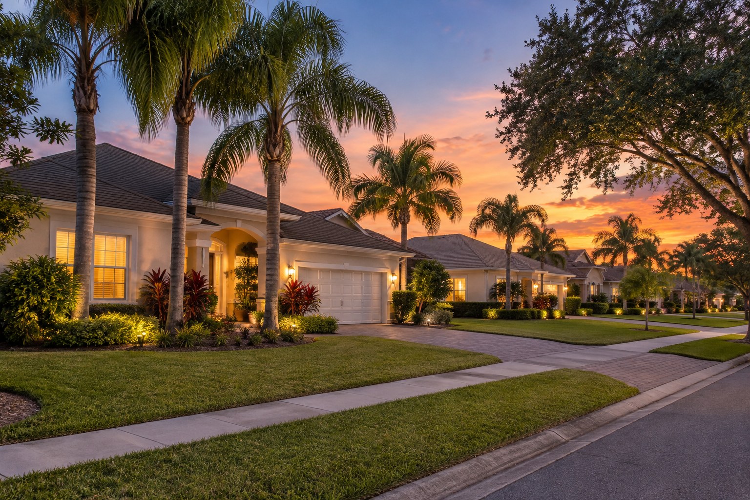 Homes along a tree lined Space Coast street, illustrative