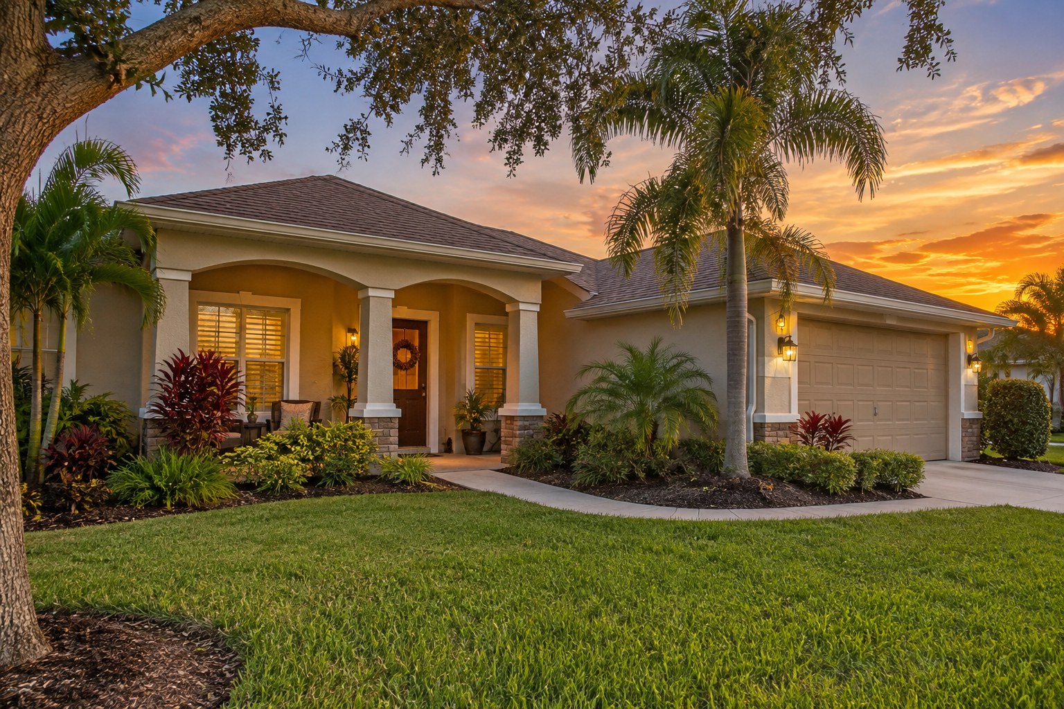 A Florida Space Coast home with a front porch at sunset, illustrative